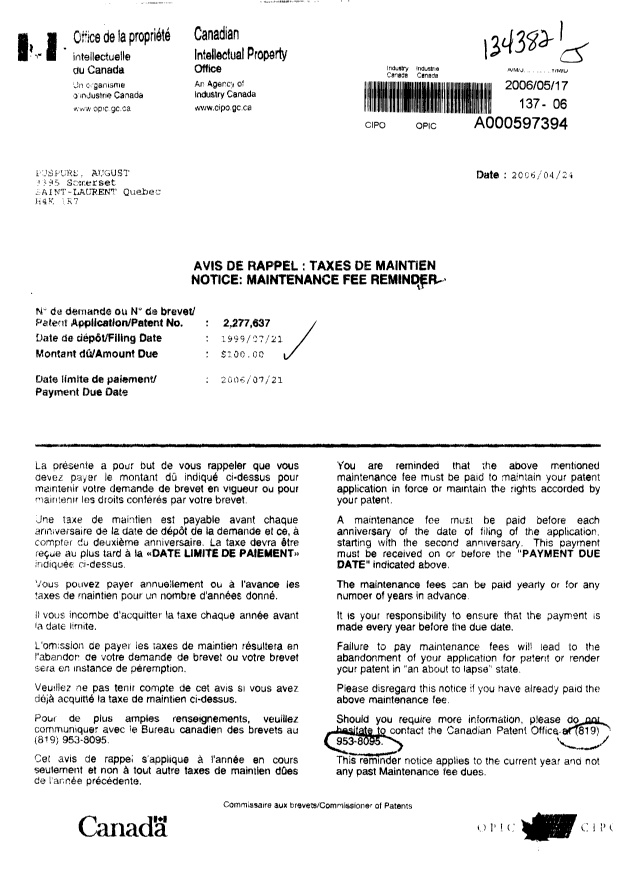Document de brevet canadien 2277637. Taxes 20060517. Image 1 de 1