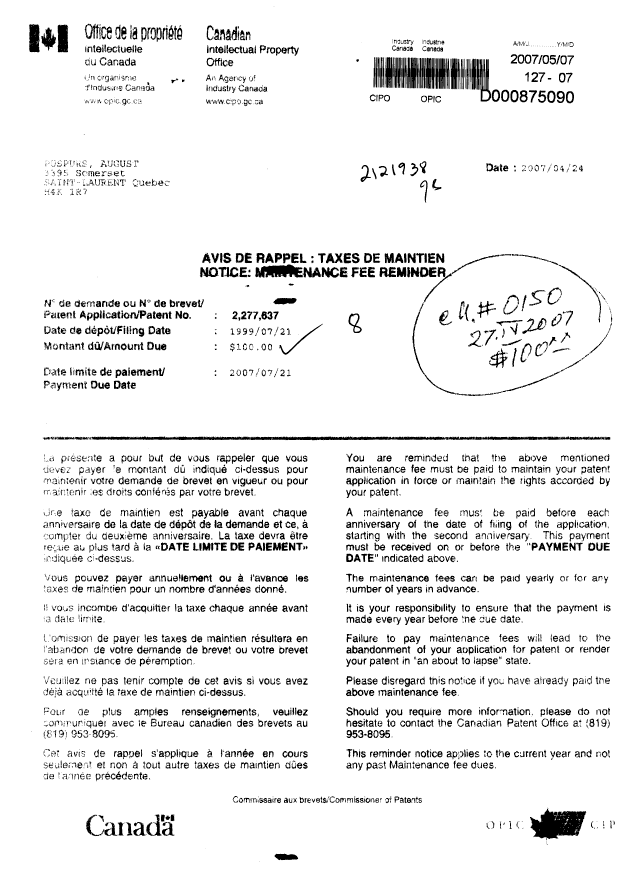 Document de brevet canadien 2277637. Taxes 20070507. Image 1 de 1