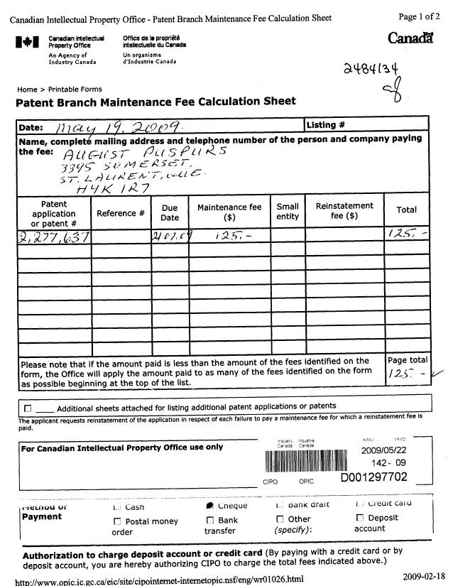 Document de brevet canadien 2277637. Taxes 20090522. Image 1 de 2