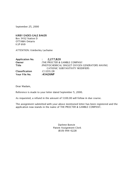 Canadian Patent Document 2277820. Correspondence 20000925. Image 1 of 1