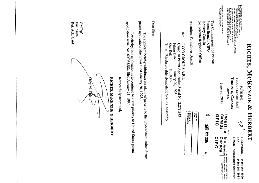 Canadian Patent Document 2278243. Correspondence 20000627. Image 1 of 1