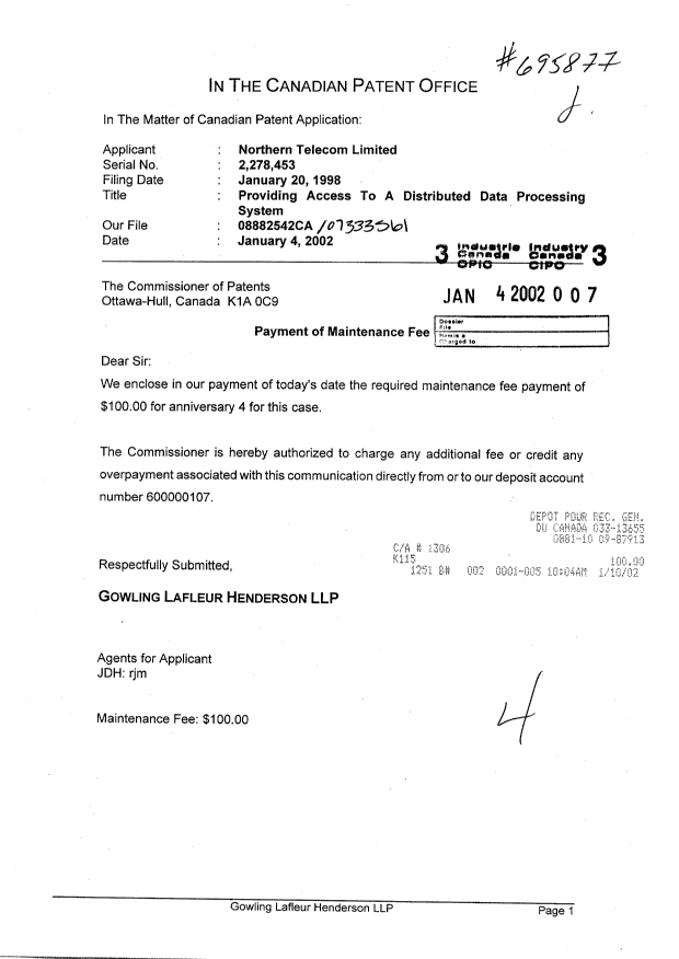 Document de brevet canadien 2278453. Taxes 20020104. Image 1 de 1