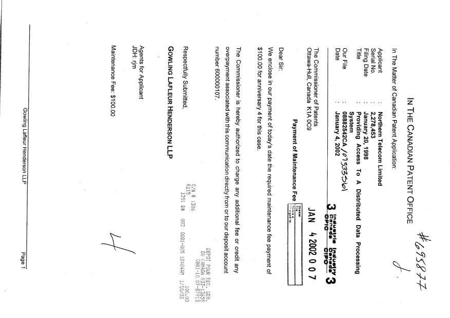 Canadian Patent Document 2278453. Fees 20020104. Image 1 of 1