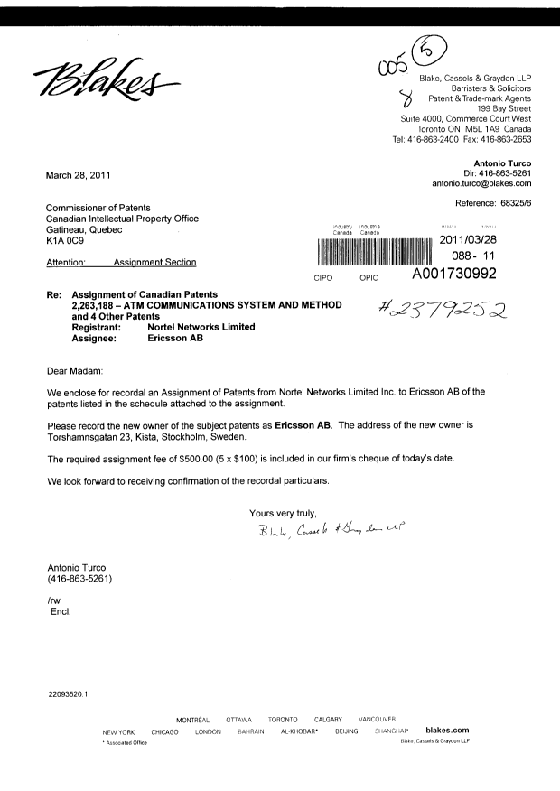 Document de brevet canadien 2278453. Cession 20110328. Image 1 de 6