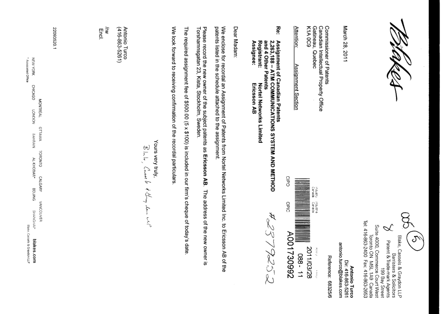 Canadian Patent Document 2278453. Assignment 20110328. Image 1 of 6