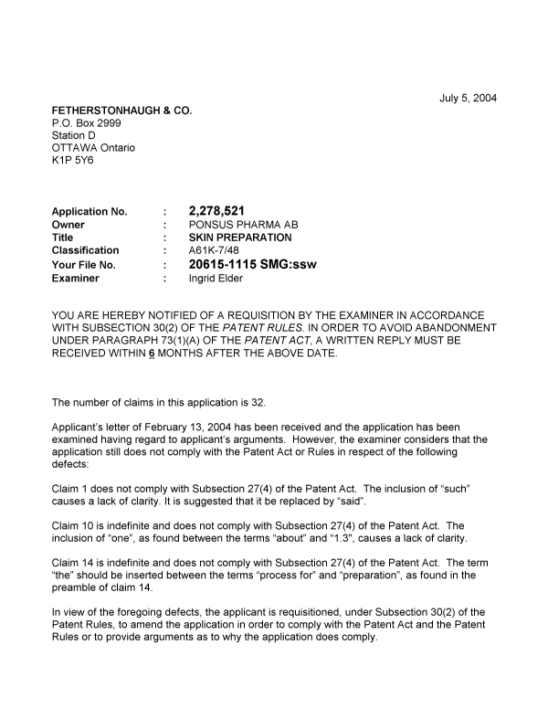 Document de brevet canadien 2278521. Poursuite-Amendment 20040705. Image 1 de 2