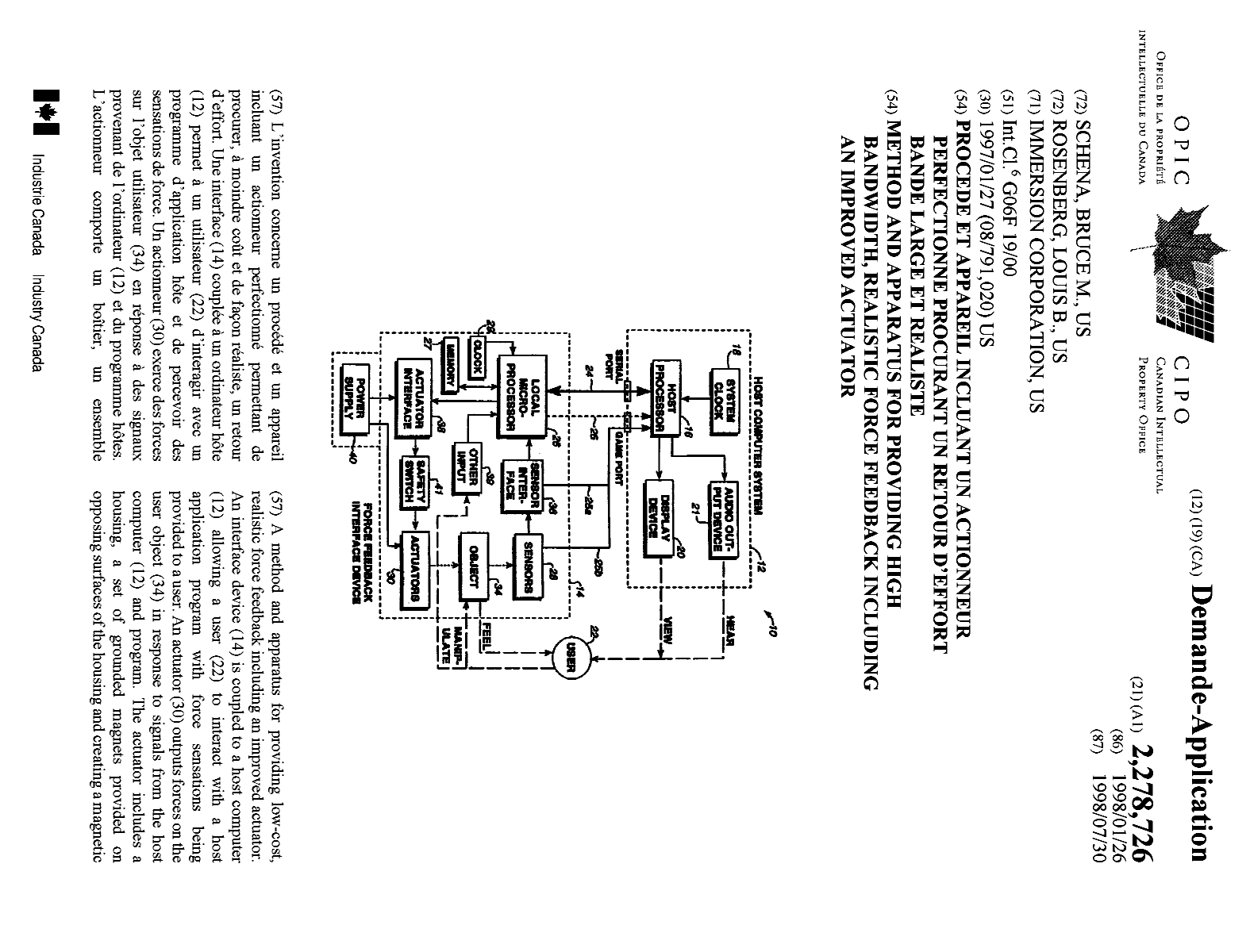 Canadian Patent Document 2278726. Cover Page 19981206. Image 1 of 2