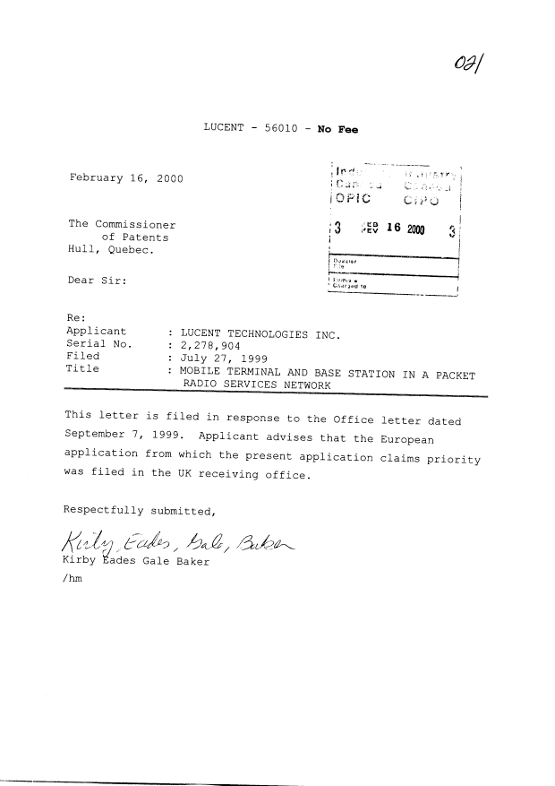 Canadian Patent Document 2278904. Correspondence 20000116. Image 1 of 1
