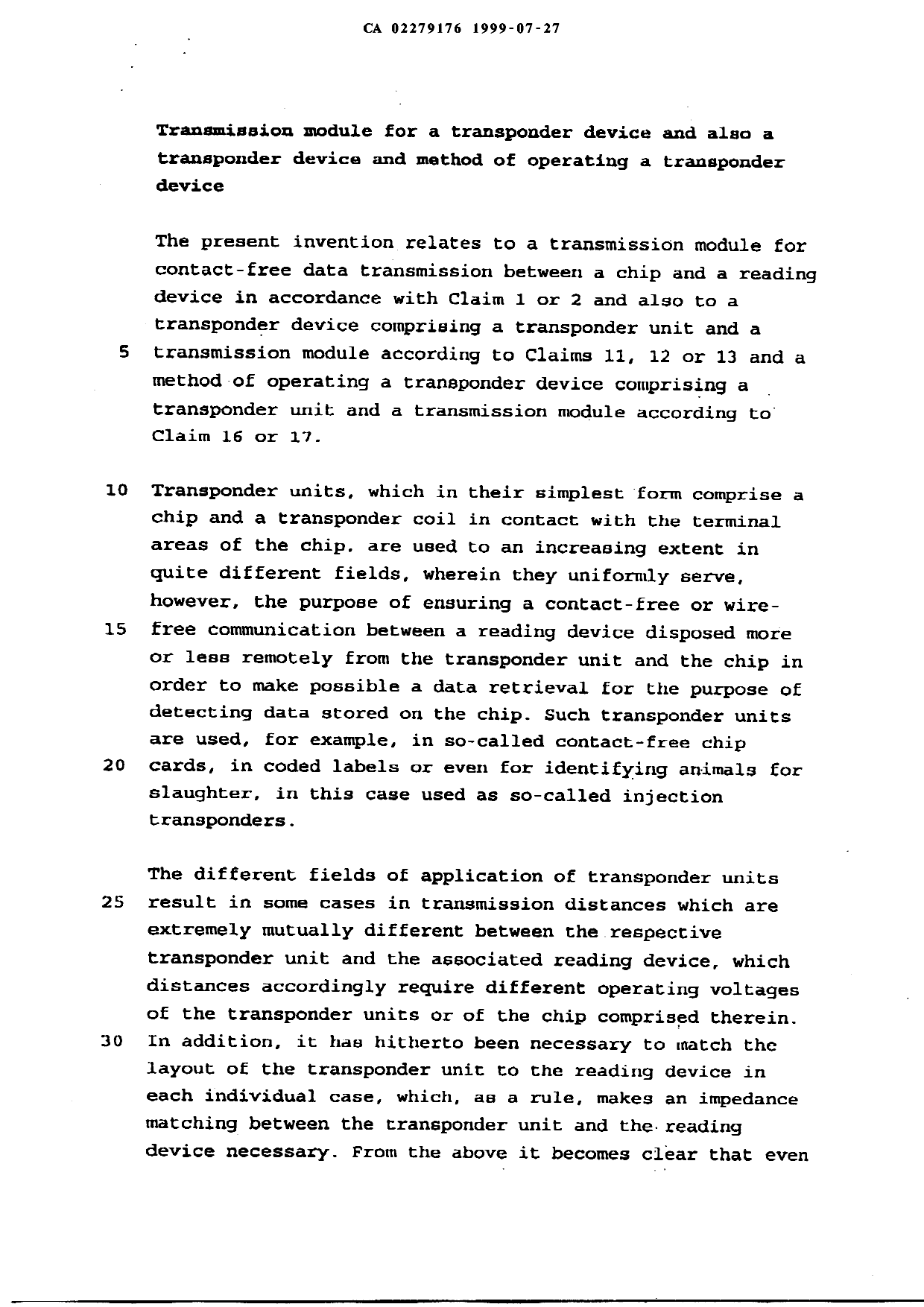 Canadian Patent Document 2279176. Description 19990727. Image 1 of 13