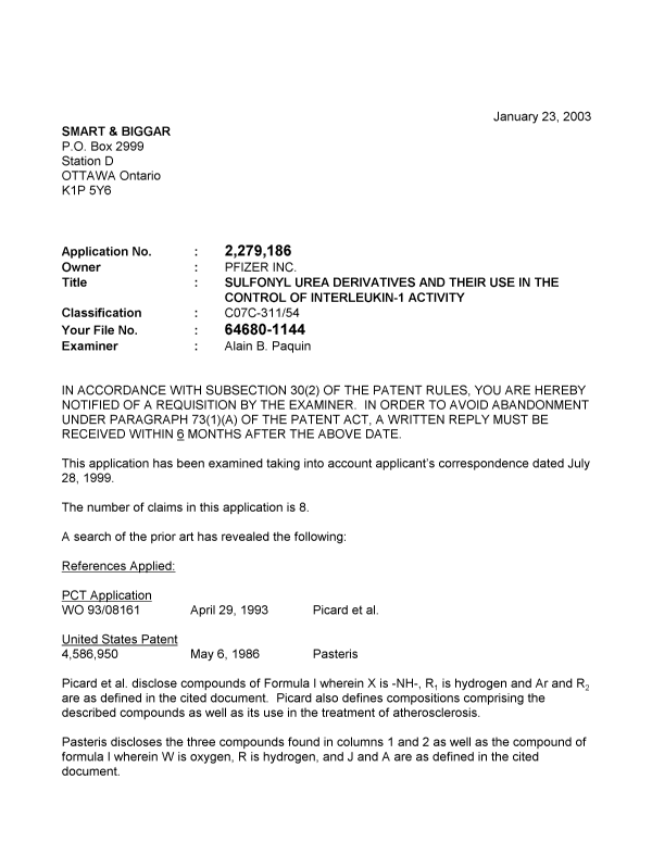 Canadian Patent Document 2279186. Prosecution-Amendment 20030123. Image 1 of 3