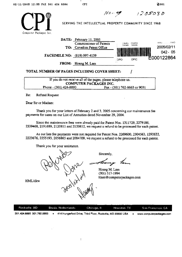 Document de brevet canadien 2279186. Correspondance 20050211. Image 1 de 1