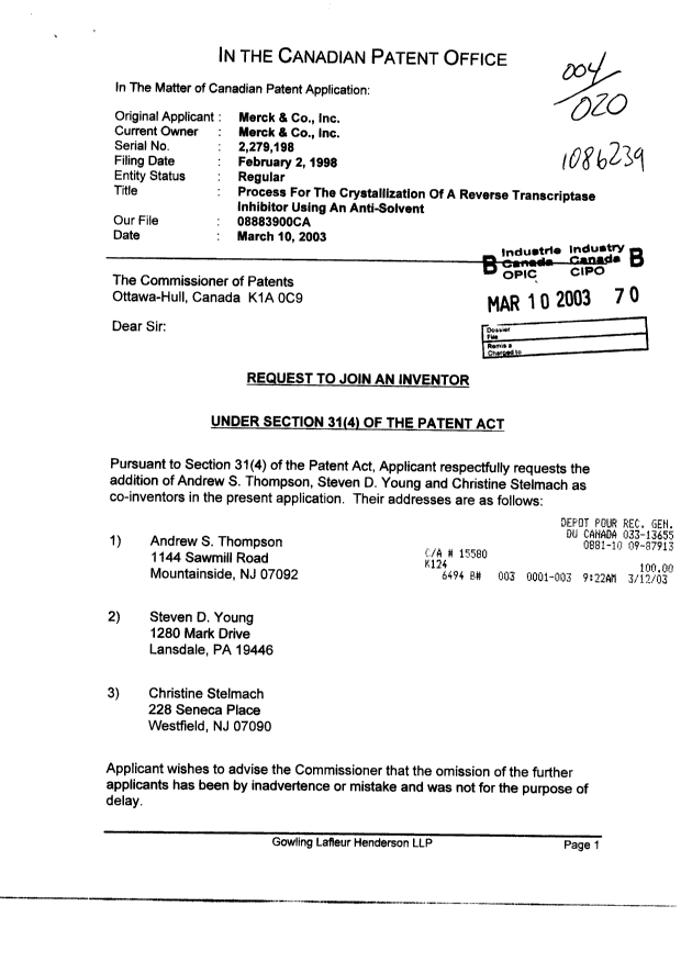 Document de brevet canadien 2279198. Correspondance 20021210. Image 1 de 2