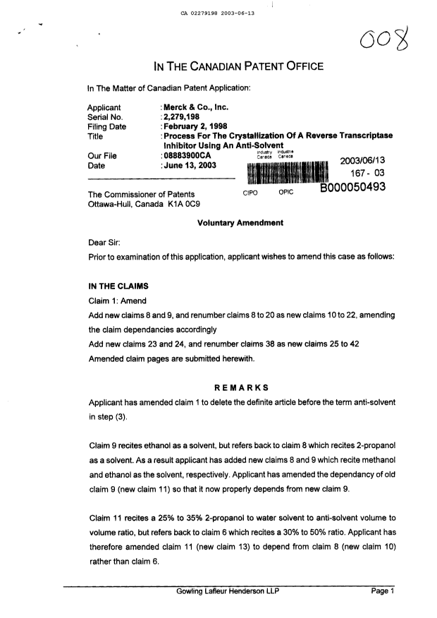 Canadian Patent Document 2279198. Prosecution-Amendment 20021213. Image 1 of 14