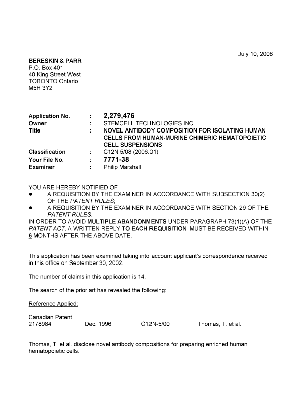 Canadian Patent Document 2279476. Prosecution-Amendment 20080710. Image 1 of 3