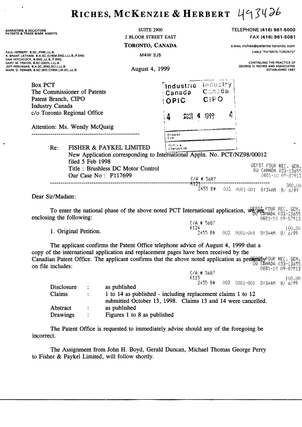 Document de brevet canadien 2279540. Cession 19990804. Image 1 de 4