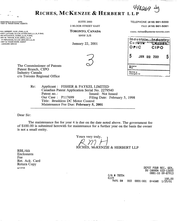Document de brevet canadien 2279540. Taxes 20010122. Image 1 de 1