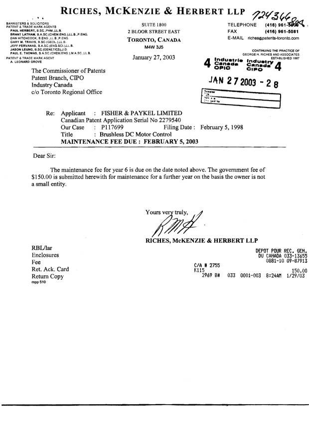 Document de brevet canadien 2279540. Taxes 20030127. Image 1 de 1