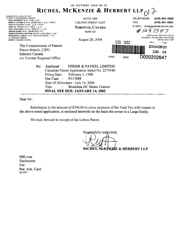 Document de brevet canadien 2279540. Correspondance 20040820. Image 1 de 1