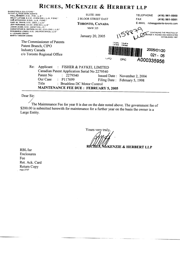 Document de brevet canadien 2279540. Taxes 20050120. Image 1 de 1