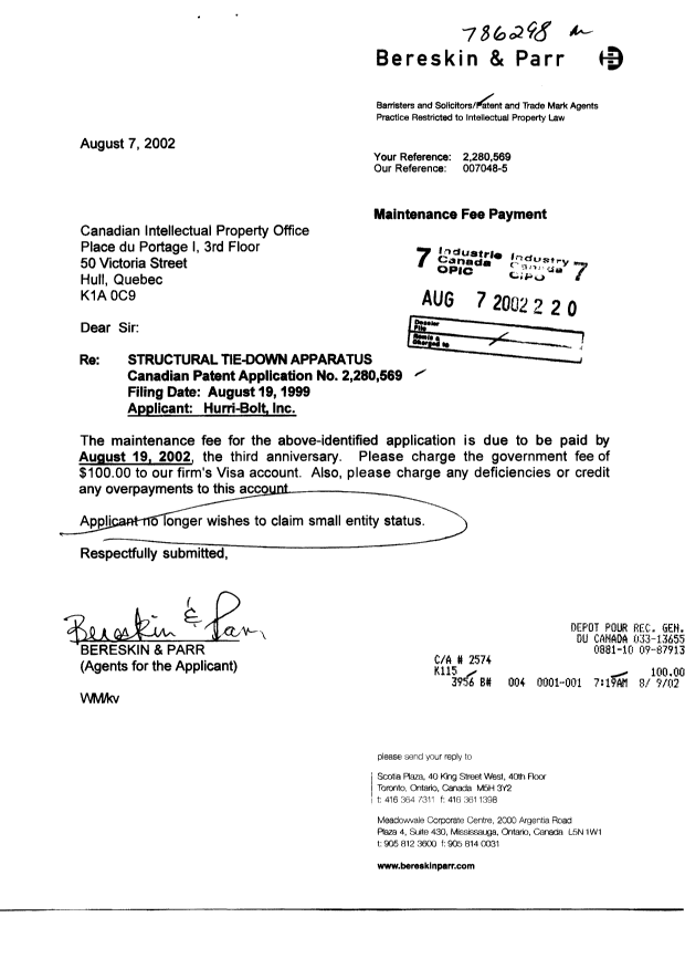 Document de brevet canadien 2280569. Taxes 20020807. Image 1 de 1