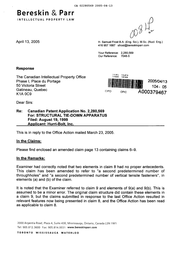 Canadian Patent Document 2280569. Prosecution-Amendment 20050413. Image 1 of 3
