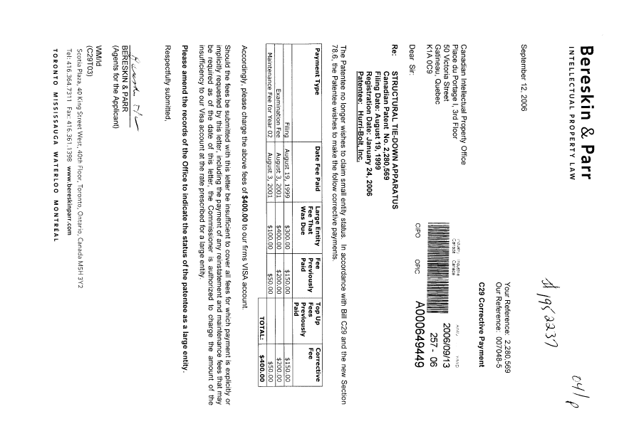 Canadian Patent Document 2280569. Prosecution-Amendment 20060913. Image 1 of 1
