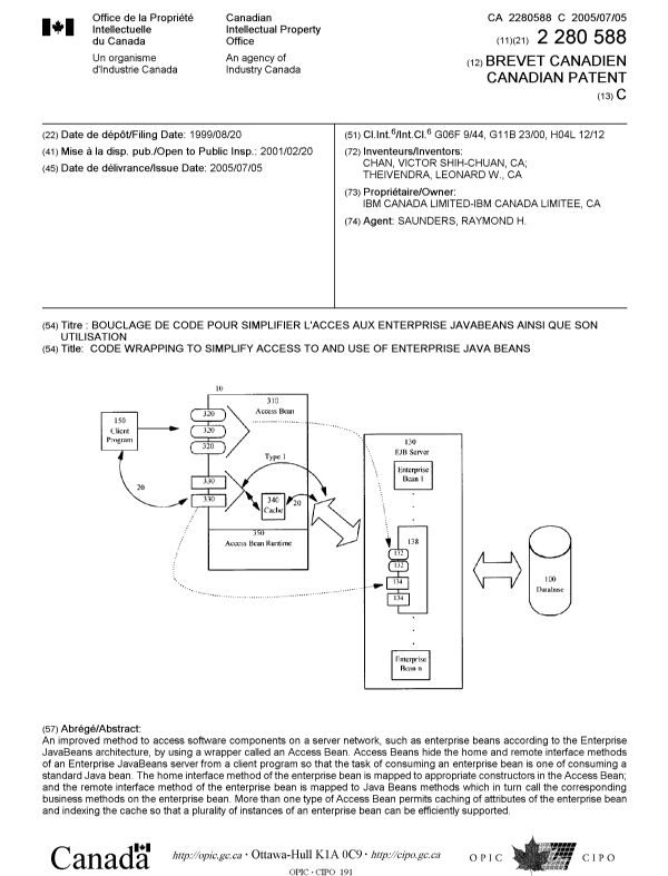 Document de brevet canadien 2280588. Page couverture 20050613. Image 1 de 1