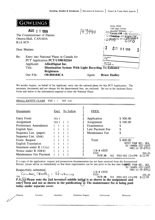 Canadian Patent Document 2280739. Assignment 19990811. Image 1 of 9