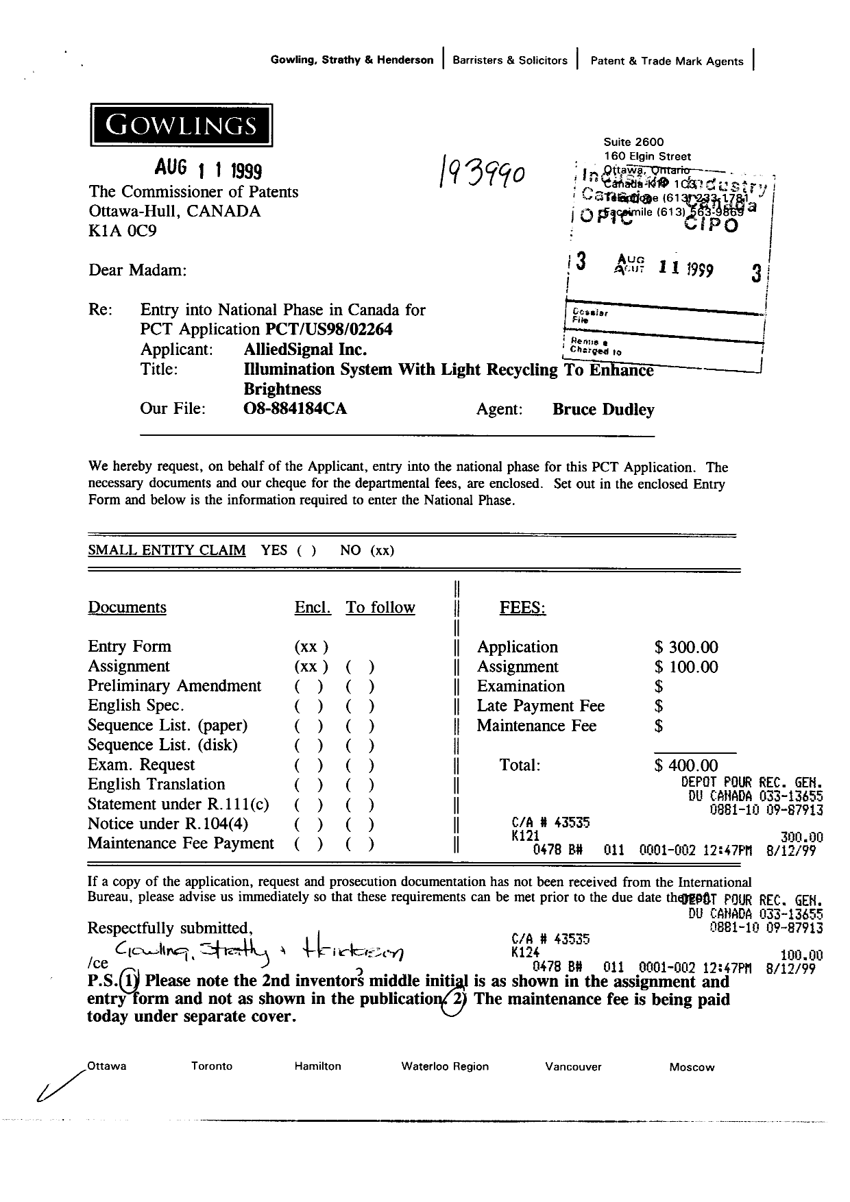 Canadian Patent Document 2280739. Assignment 19990811. Image 1 of 9