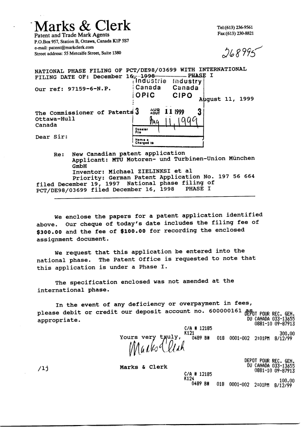 Canadian Patent Document 2280755. Assignment 19990811. Image 1 of 3