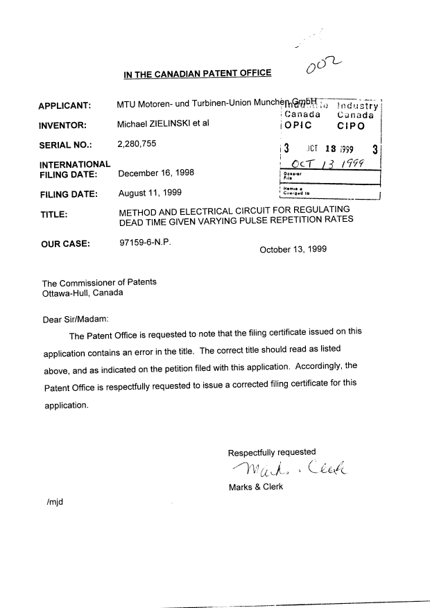 Canadian Patent Document 2280755. Correspondence 19991013. Image 1 of 1