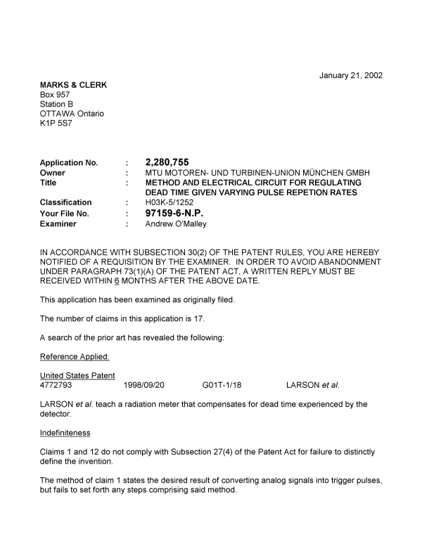 Canadian Patent Document 2280755. Prosecution-Amendment 20020121. Image 1 of 2