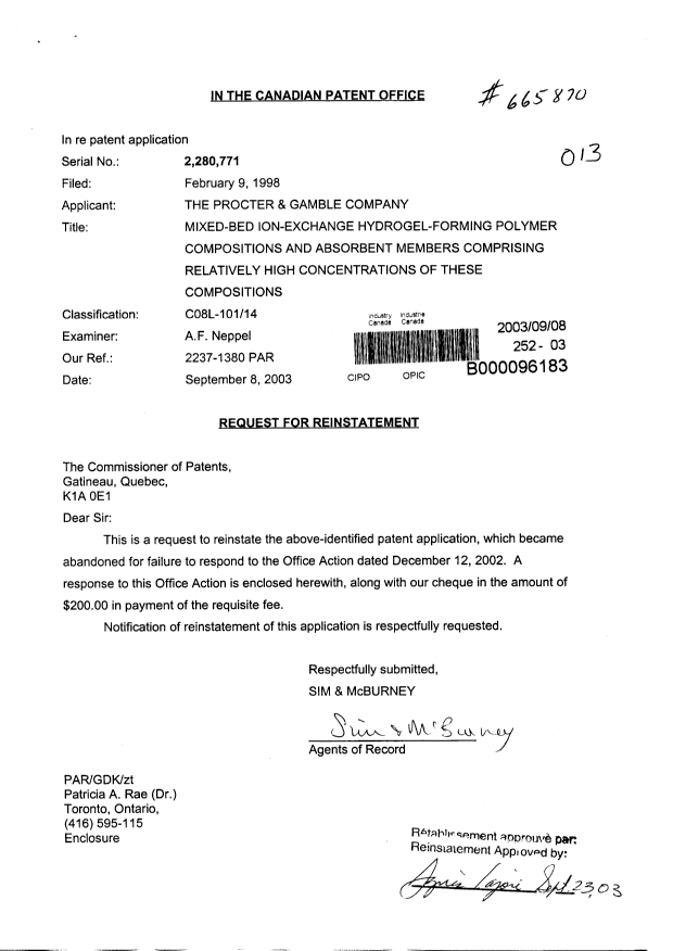 Canadian Patent Document 2280771. Prosecution-Amendment 20030908. Image 1 of 1