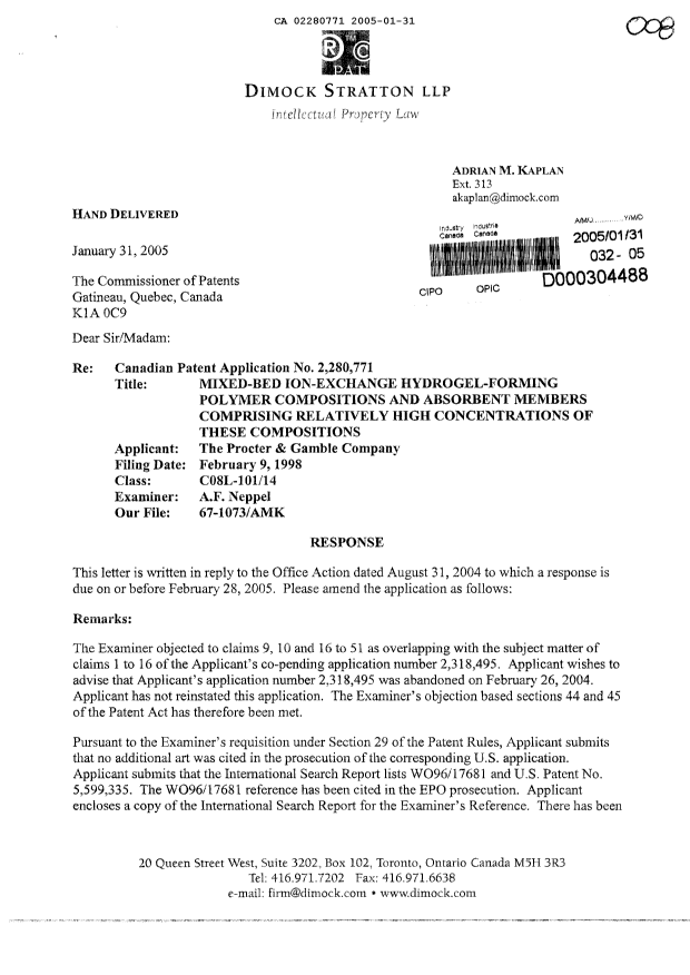 Canadian Patent Document 2280771. Prosecution-Amendment 20050131. Image 1 of 2