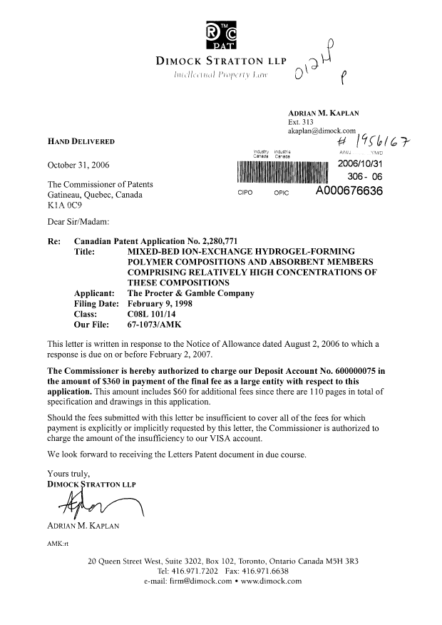 Document de brevet canadien 2280771. Correspondance 20061031. Image 1 de 1