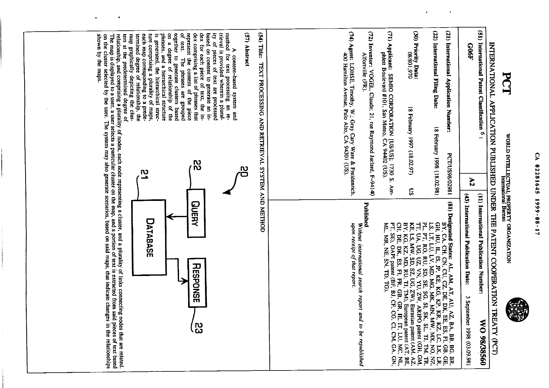 Canadian Patent Document 2281645. Abstract 19981217. Image 1 of 1