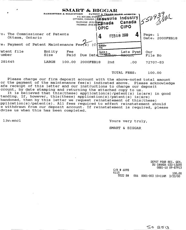 Canadian Patent Document 2281645. Fees 19991218. Image 1 of 1