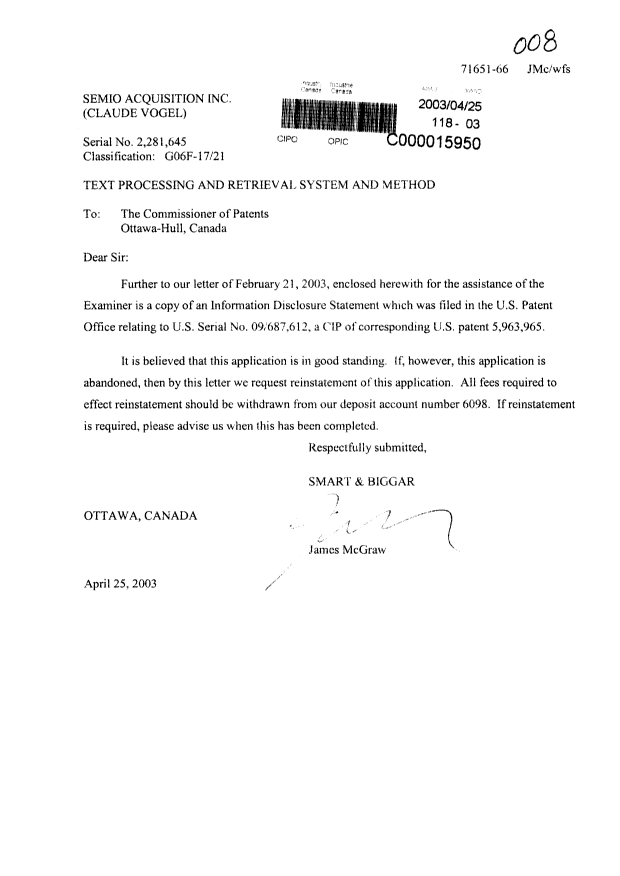 Canadian Patent Document 2281645. Prosecution-Amendment 20030425. Image 1 of 1