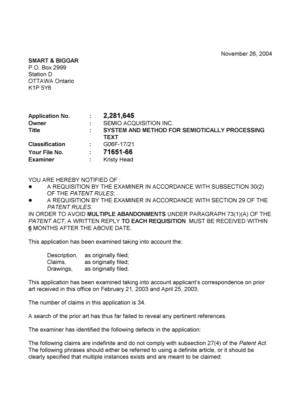 Canadian Patent Document 2281645. Prosecution-Amendment 20031226. Image 1 of 2