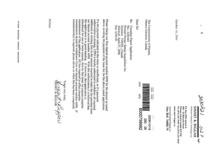 Document de brevet canadien 2281645. Correspondance 20061016. Image 1 de 1