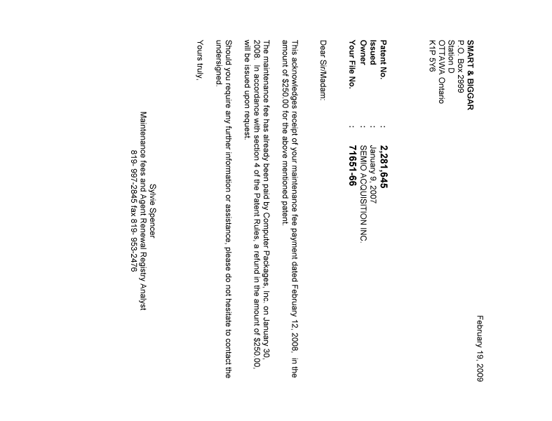 Document de brevet canadien 2281645. Correspondance 20090219. Image 1 de 1
