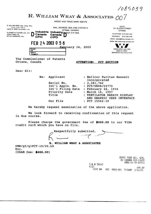 Canadian Patent Document 2281742. Prosecution-Amendment 20030224. Image 1 of 1
