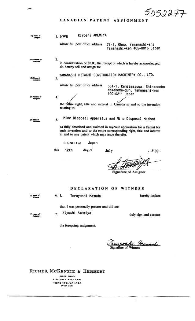 Canadian Patent Document 2281762. Assignment 19990820. Image 5 of 5