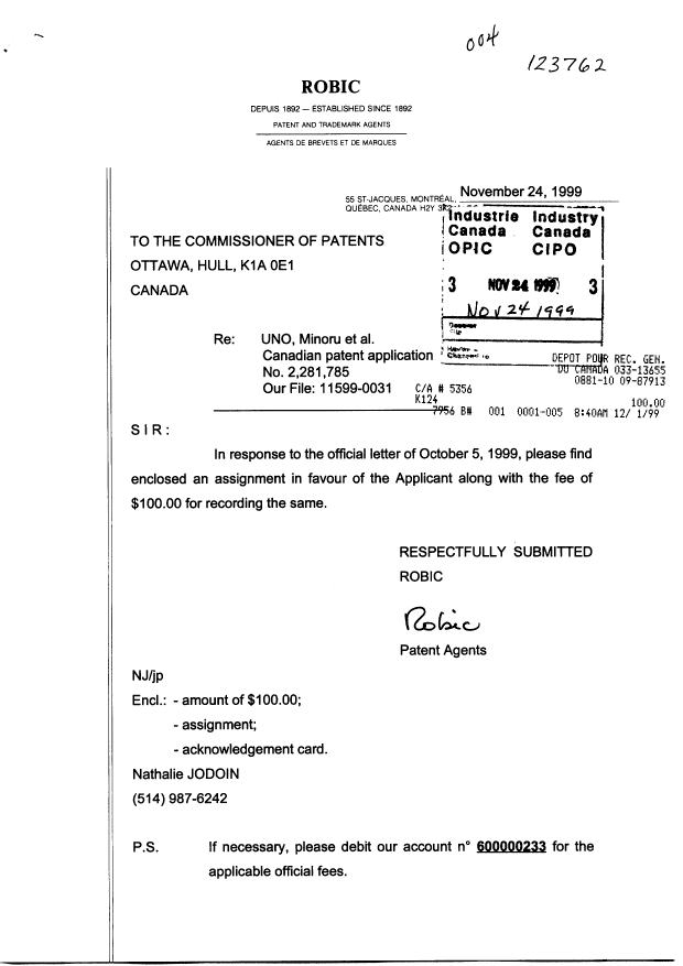 Document de brevet canadien 2281785. Cession 19991124. Image 1 de 2
