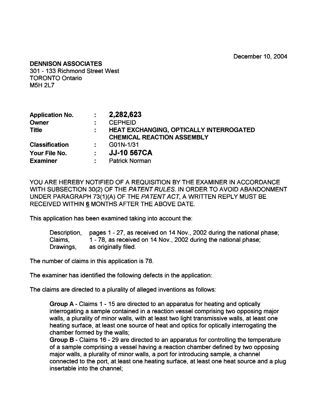 Canadian Patent Document 2282623. Prosecution-Amendment 20041210. Image 1 of 3