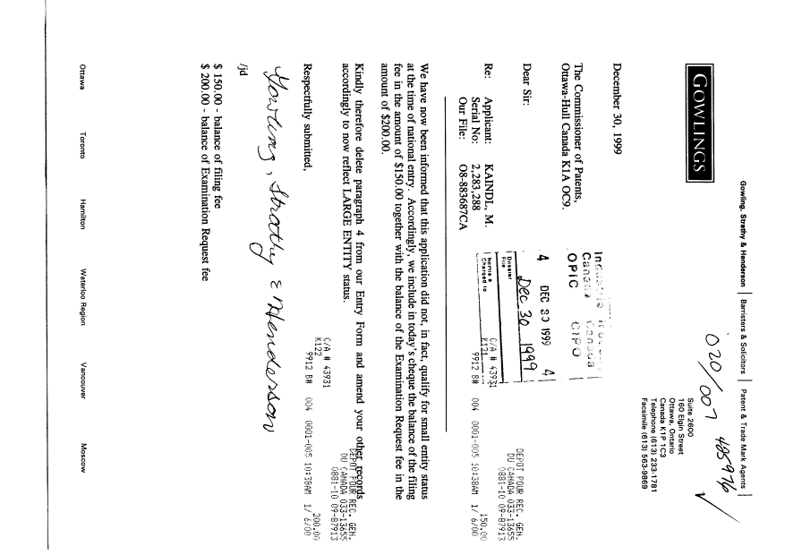 Canadian Patent Document 2283288. Prosecution-Amendment 19991230. Image 1 of 1