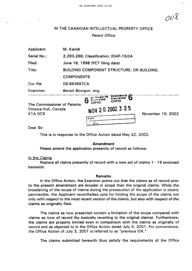 Document de brevet canadien 2283288. Poursuite-Amendment 20021120. Image 1 de 8