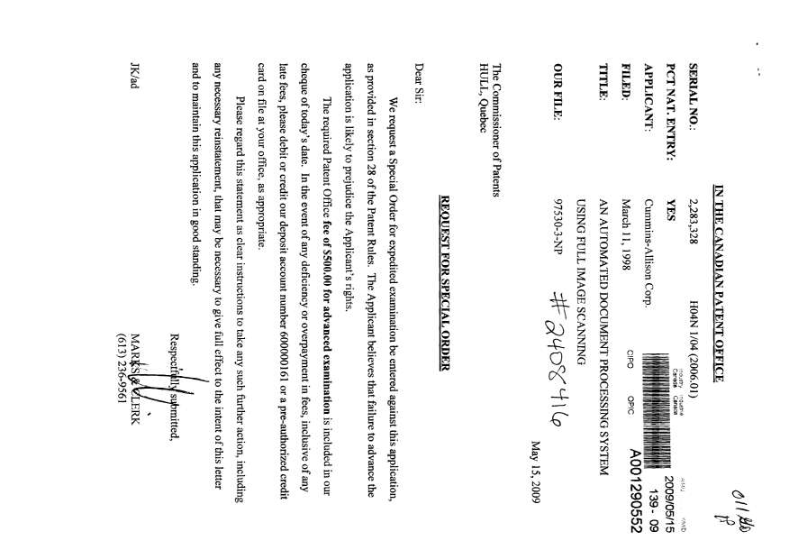Canadian Patent Document 2283328. Prosecution-Amendment 20090515. Image 1 of 1