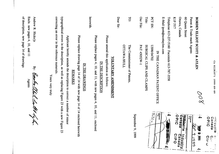 Canadian Patent Document 2283571. Prosecution-Amendment 19990909. Image 1 of 5