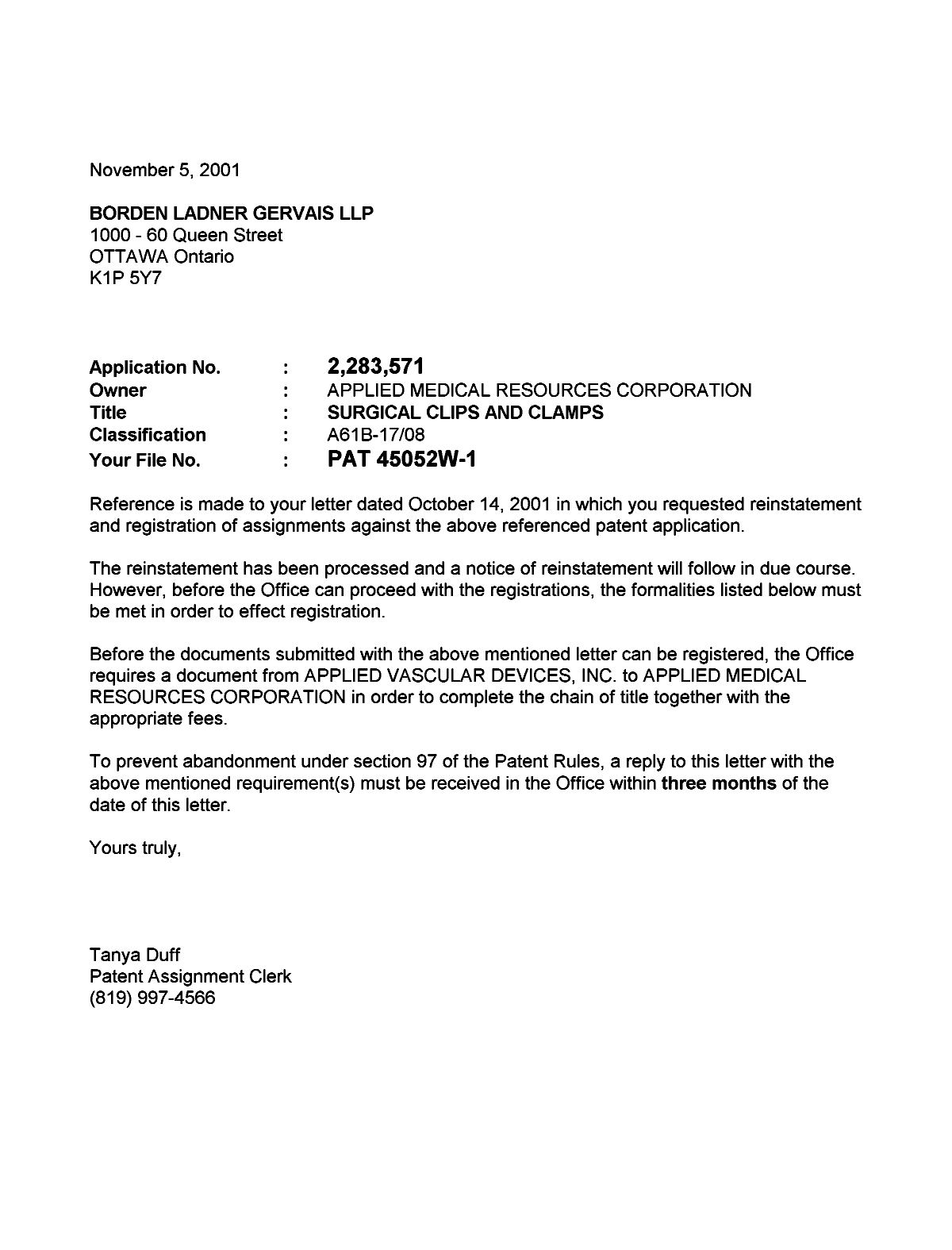Canadian Patent Document 2283571. Correspondence 20001205. Image 1 of 1